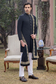 Elegant Jet Black Tropical Silk Mens Sherwani