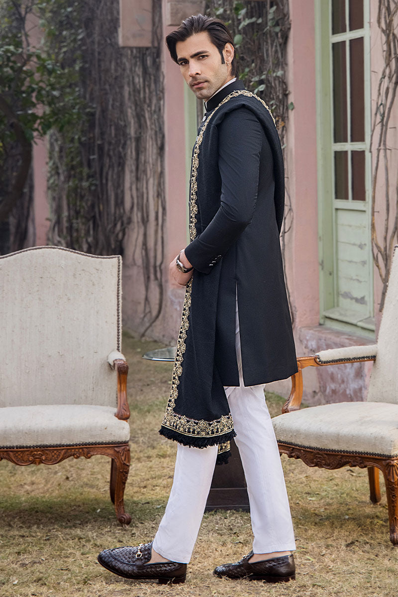 Elegant Jet Black Tropical Silk Mens Sherwani