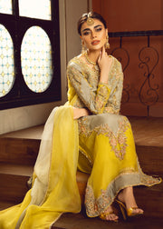 Elegant Sage and Jade Pakistani Party Dress with Gold Embroidery