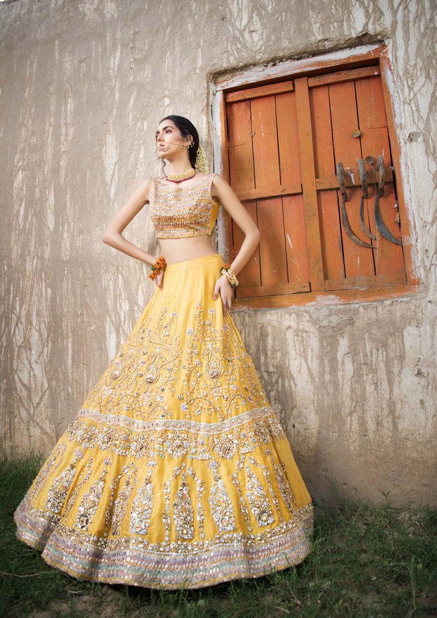 Pakistani Bridal Dress in Yellow Raw Silk with Gotta Work