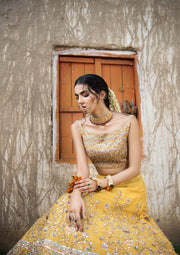 Pakistani Bridal Dress in Yellow Raw Silk with Gotta Work