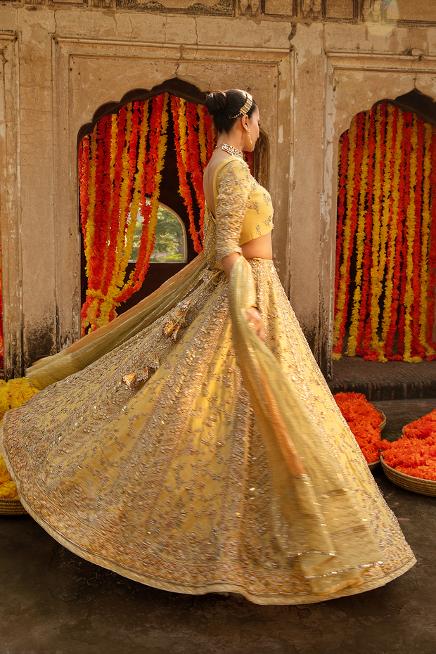 Pastel Yellow Raw Silk Pakistani Bridal Dress with Embroidery
