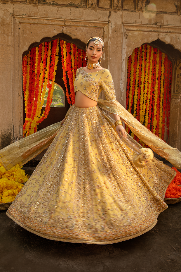 Pastel Yellow Raw Silk Pakistani Bridal Dress with Embroidery