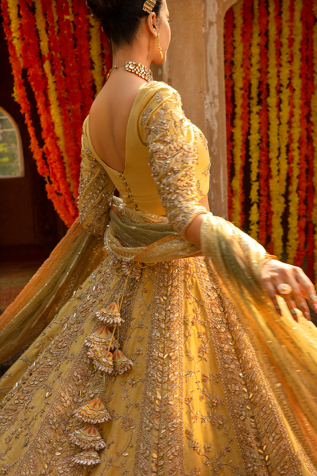 Pastel Yellow Raw Silk Pakistani Bridal Dress with Embroidery