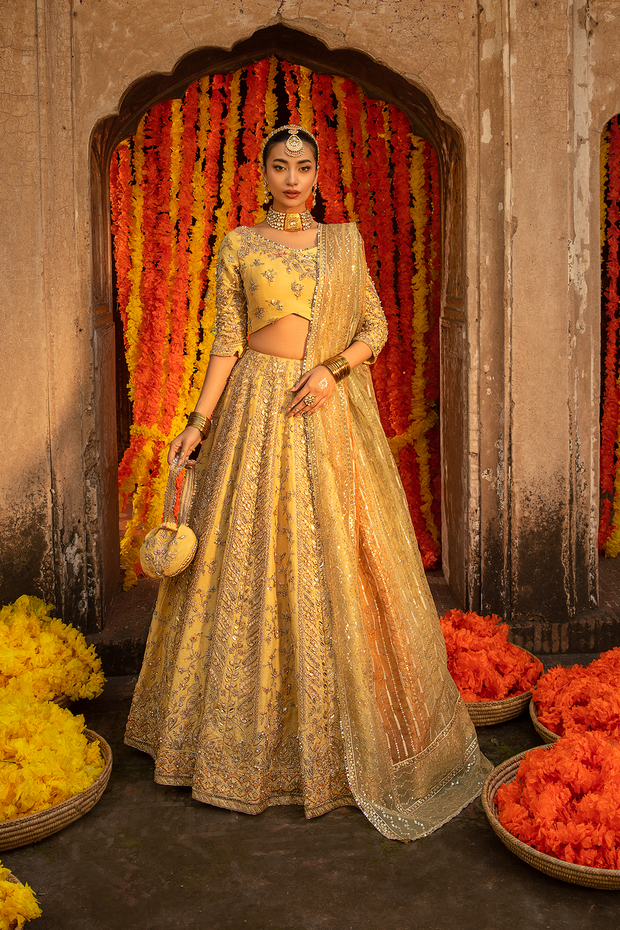 Pastel Yellow Raw Silk Pakistani Bridal Dress with Embroidery