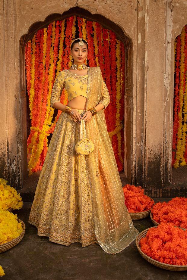 Pastel Yellow Raw Silk Pakistani Bridal Dress with Embroidery