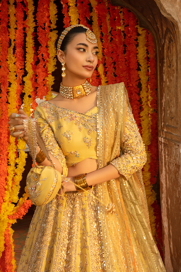 Pastel Yellow Raw Silk Pakistani Bridal Dress with Embroidery