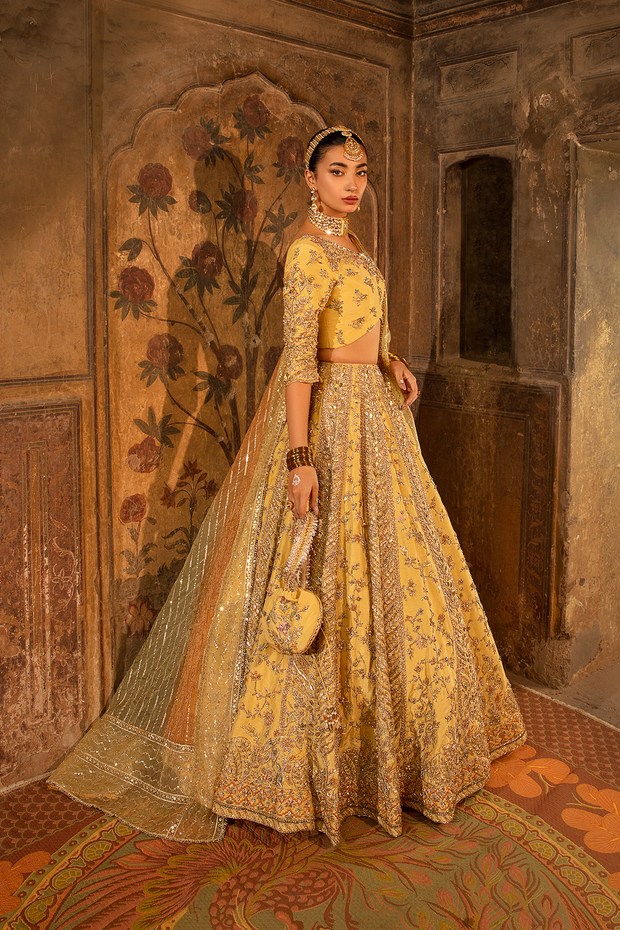 Pastel Yellow Raw Silk Pakistani Bridal Dress with Embroidery