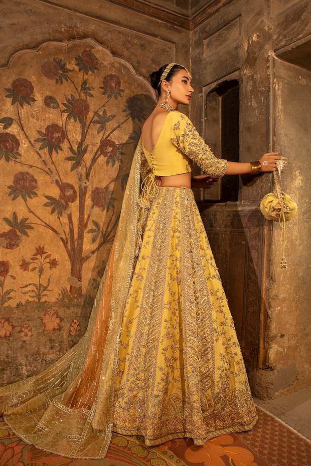 Pastel Yellow Raw Silk Pakistani Bridal Dress with Embroidery