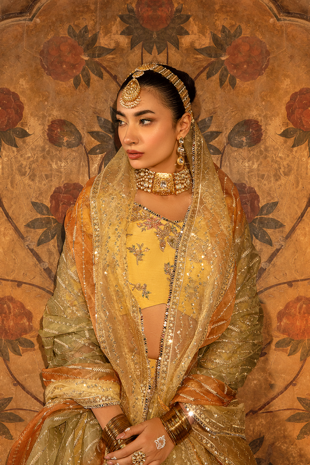 Pastel Yellow Raw Silk Pakistani Bridal Dress with Embroidery