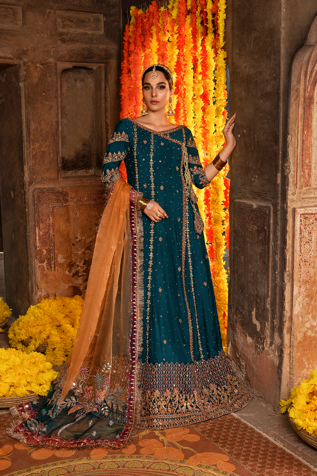 Teal Blue Pakistani Designer Bridal Dress with Embellishments