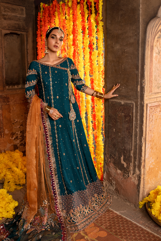 Teal Blue Pakistani Designer Bridal Dress with Embellishments