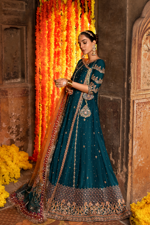 Teal Blue Pakistani Designer Bridal Dress with Embellishments