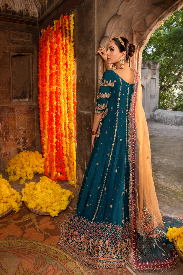 Teal Blue Pakistani Designer Bridal Dress with Embellishments