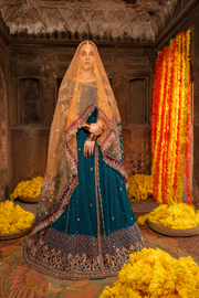 Teal Blue Pakistani Designer Bridal Dress with Embellishments