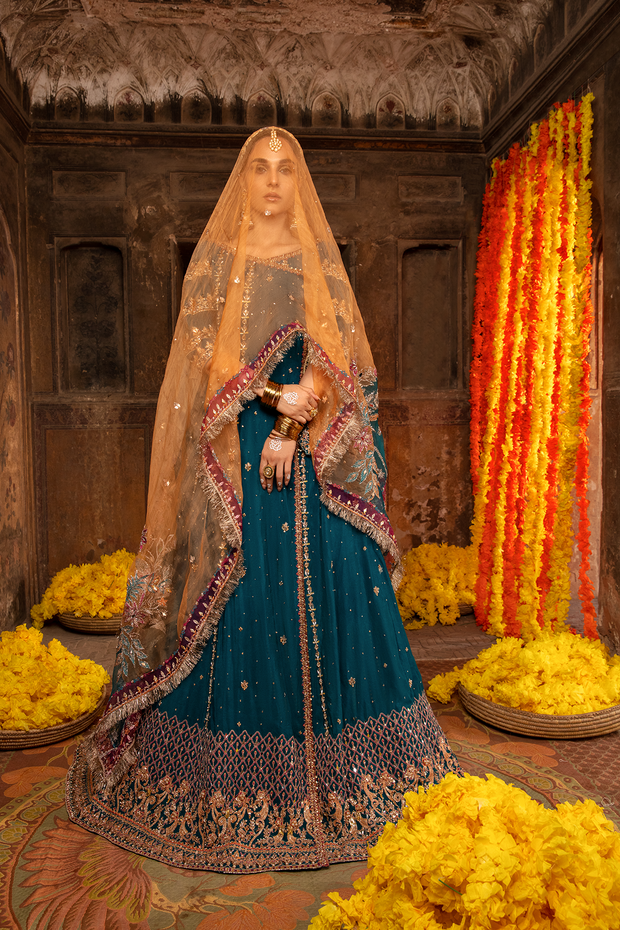 Teal Blue Pakistani Designer Bridal Dress with Embellishments