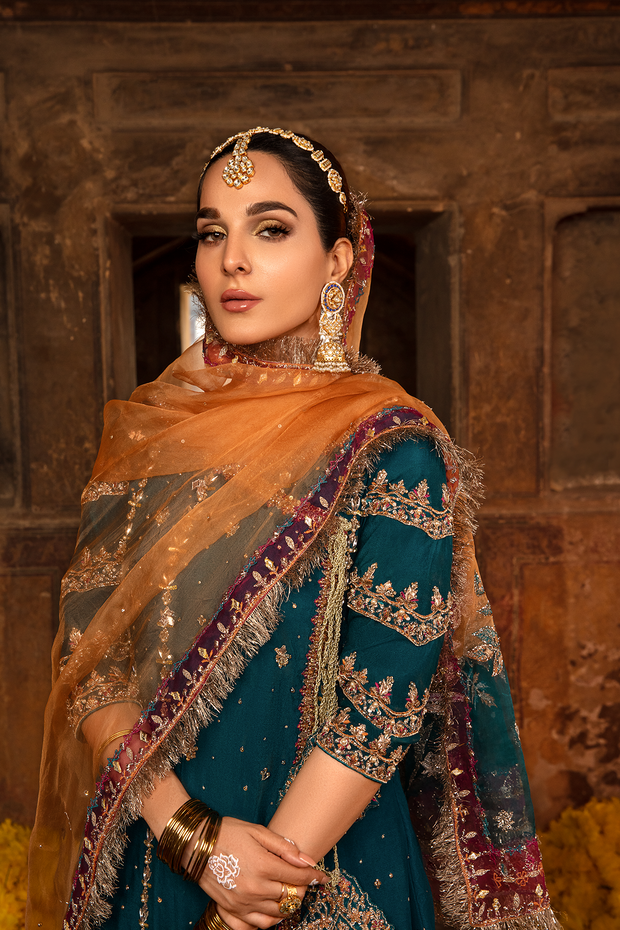 Teal Blue Pakistani Designer Bridal Dress with Embellishments