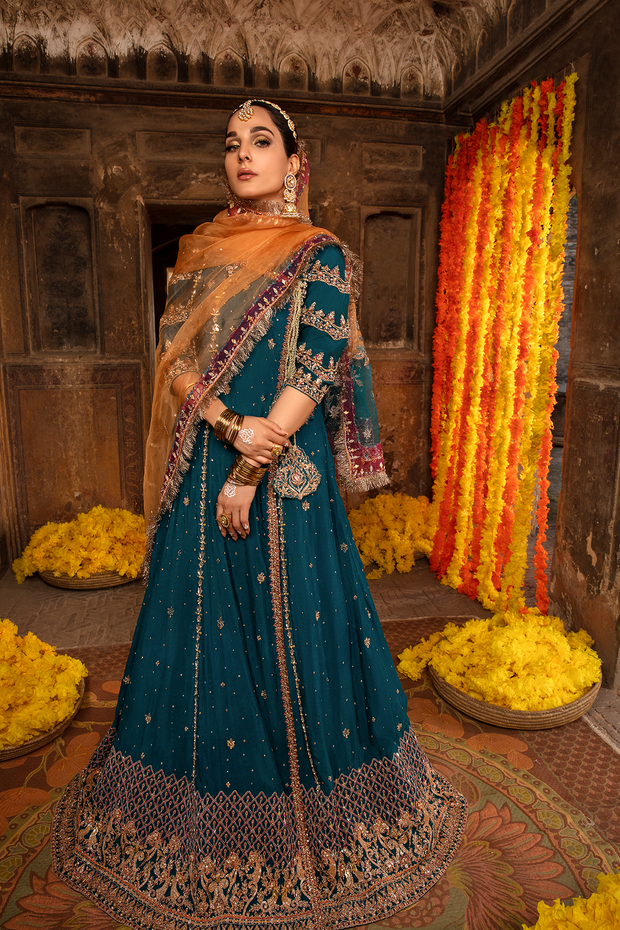 Teal Blue Pakistani Designer Bridal Dress with Embellishments