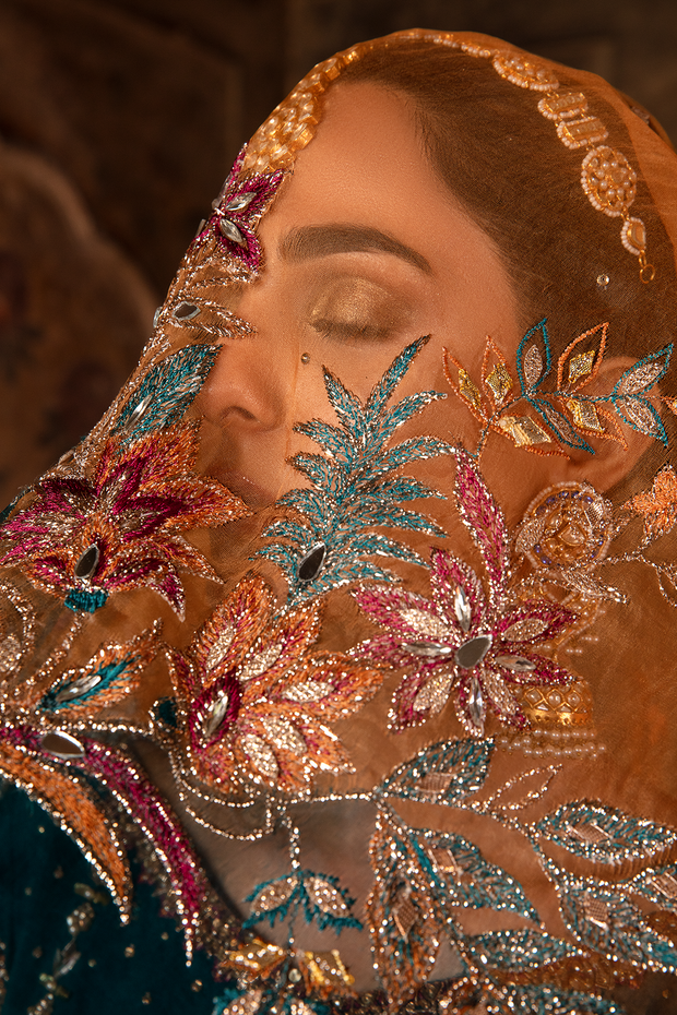 Teal Blue Pakistani Designer Bridal Dress with Embellishments