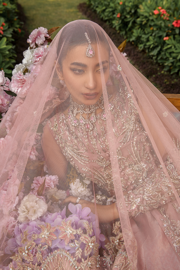 Pakistani Designer Bridal Dress in Pink Net and Tissue