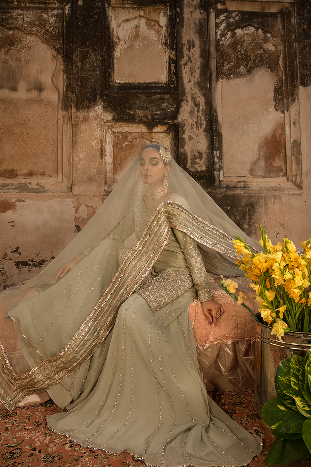 Moss Green Pakistani Bridal Dress with Embellished Details