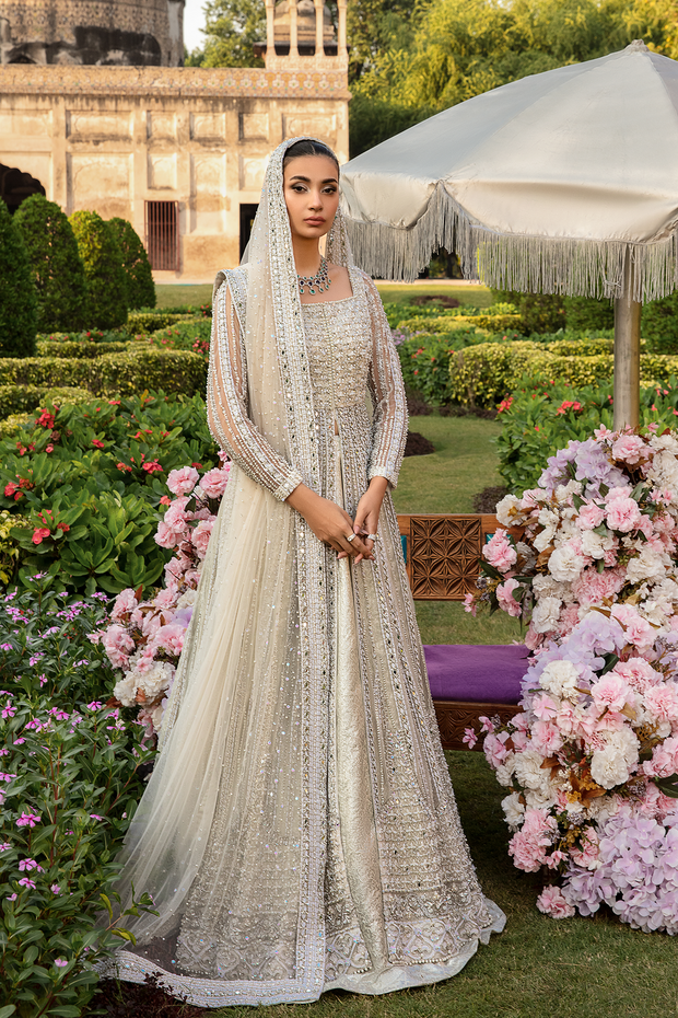 Elegant White Net Pakistani Bridal Dress with Embellishments