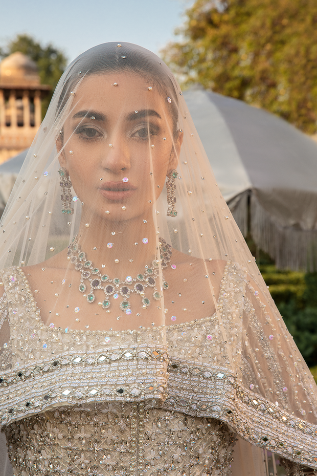 Elegant White Net Pakistani Bridal Dress with Embellishments