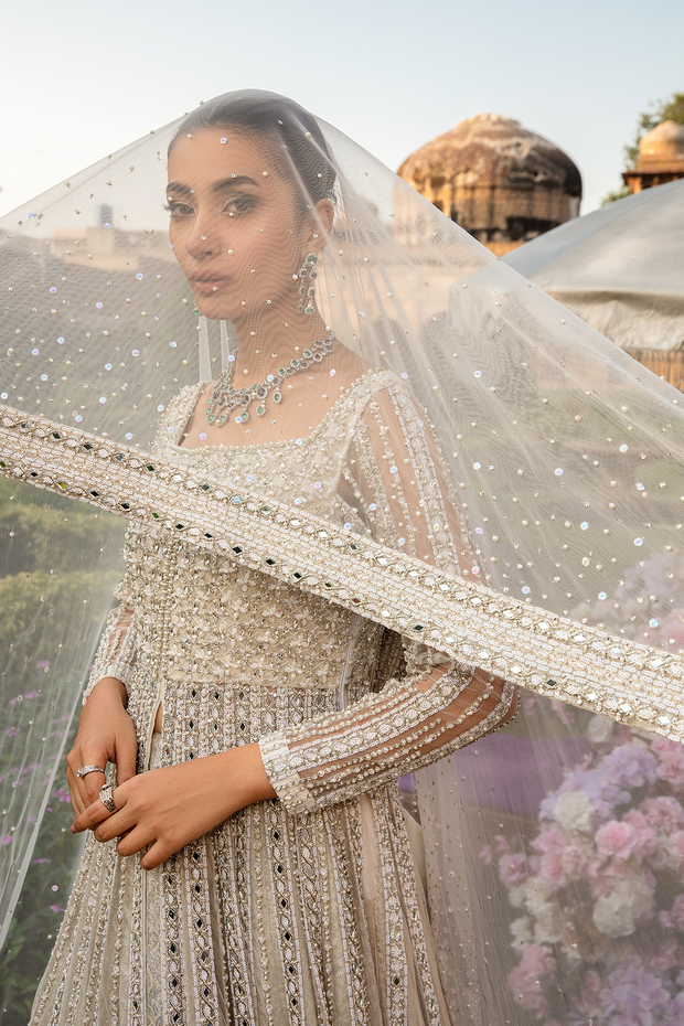 Elegant White Net Pakistani Bridal Dress with Embellishments