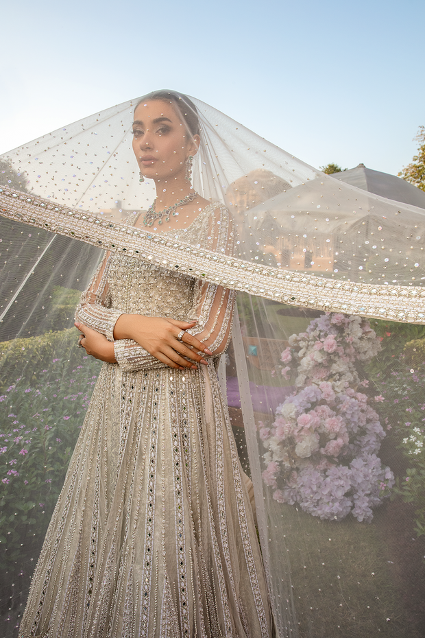 Elegant White Net Pakistani Bridal Dress with Embellishments