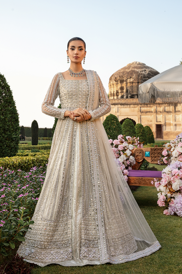 Elegant White Net Pakistani Bridal Dress with Embellishments