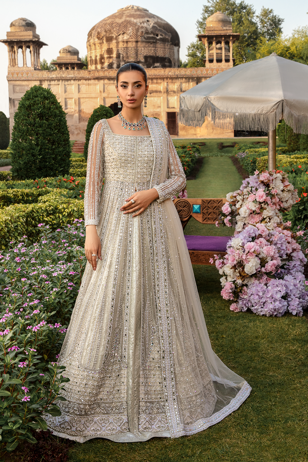 Elegant White Net Pakistani Bridal Dress with Embellishments