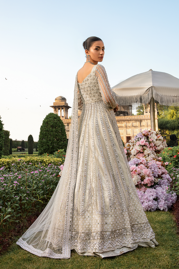 Elegant White Net Pakistani Bridal Dress with Embellishments