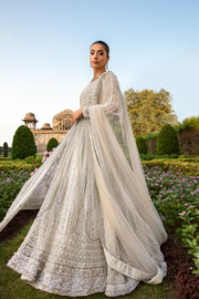 Elegant White Net Pakistani Bridal Dress with Embellishments