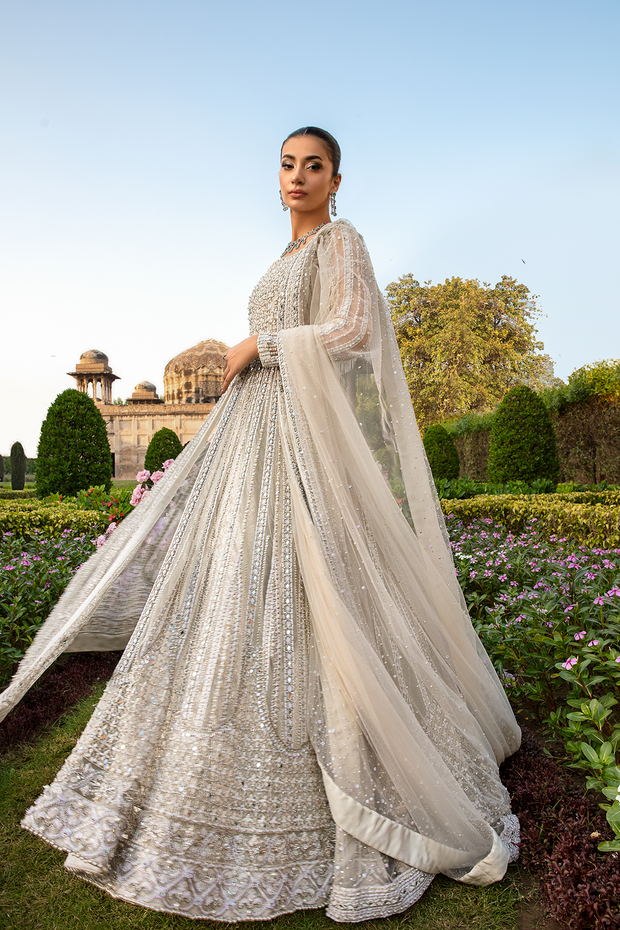 Elegant White Net Pakistani Bridal Dress with Embellishments