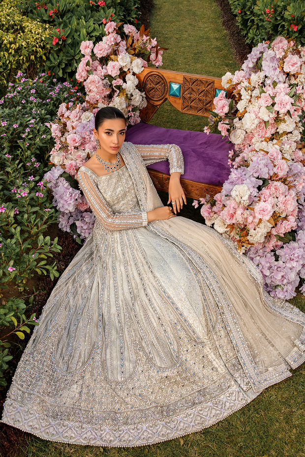 Elegant White Net Pakistani Bridal Dress with Embellishments