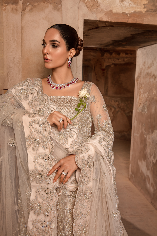 Peach Nude Pakistani Bridal Dress with Shimmery Lehnga