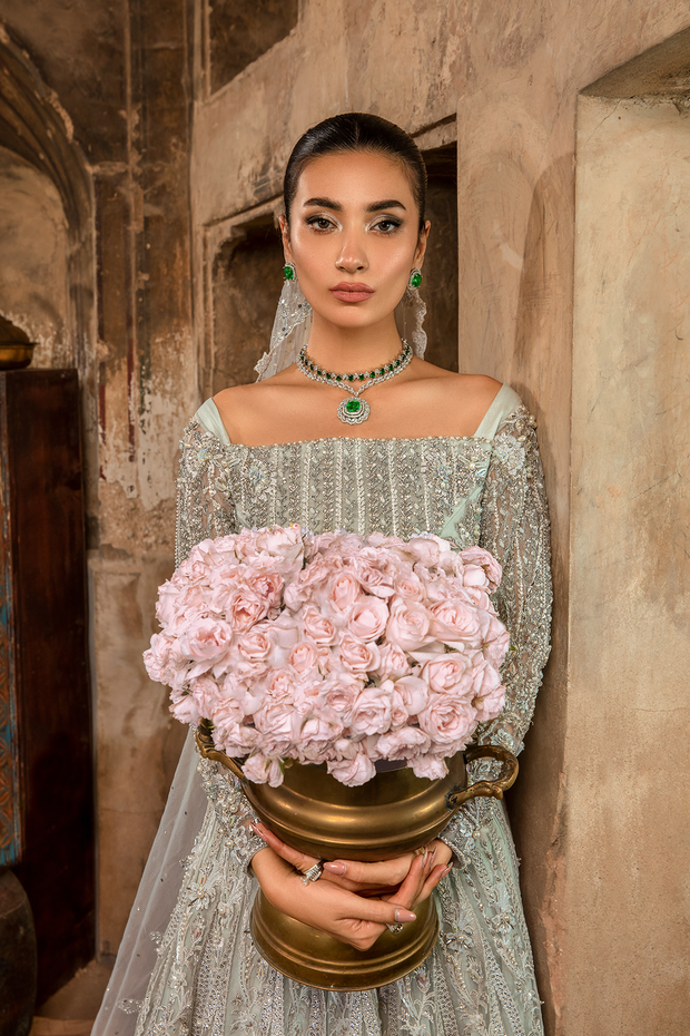 Ice Blue Hand Embroidered Pakistani Bridal Dress