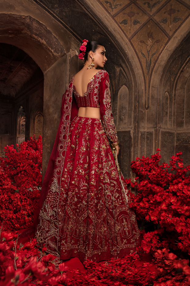 Pakistani Bridal Dress in Red Raw Silk with Organza Dupatta