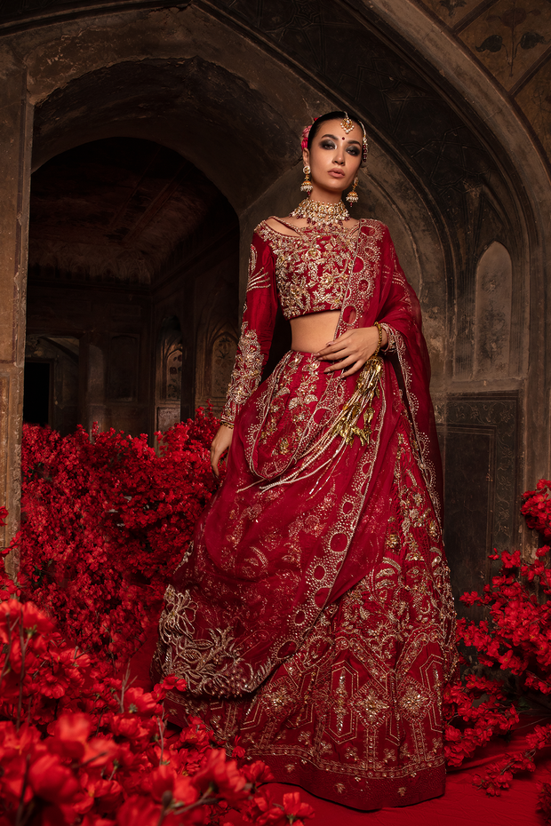 Pakistani Bridal Dress in Red Raw Silk with Organza Dupatta