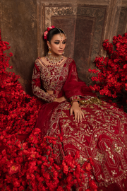 Pakistani Bridal Dress in Red Raw Silk with Organza Dupatta