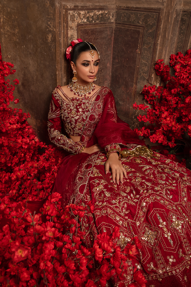 Pakistani Bridal Dress in Red Raw Silk with Organza Dupatta