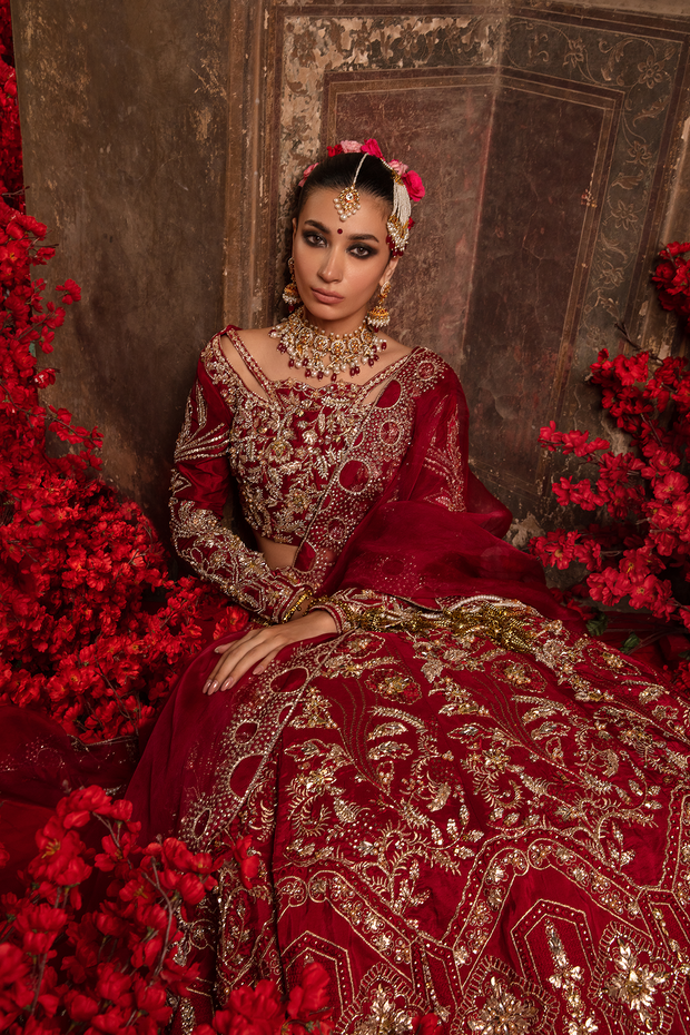 Pakistani Bridal Dress in Red Raw Silk with Organza Dupatta