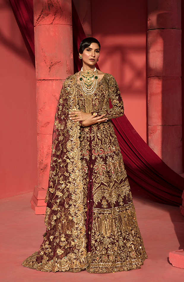 Elegant Maroon Bridal Lehenga with Gold Accents