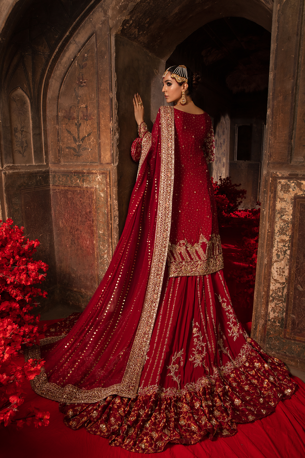 Pakistani Designer Bridal Dress in Red and Gold Embellishments