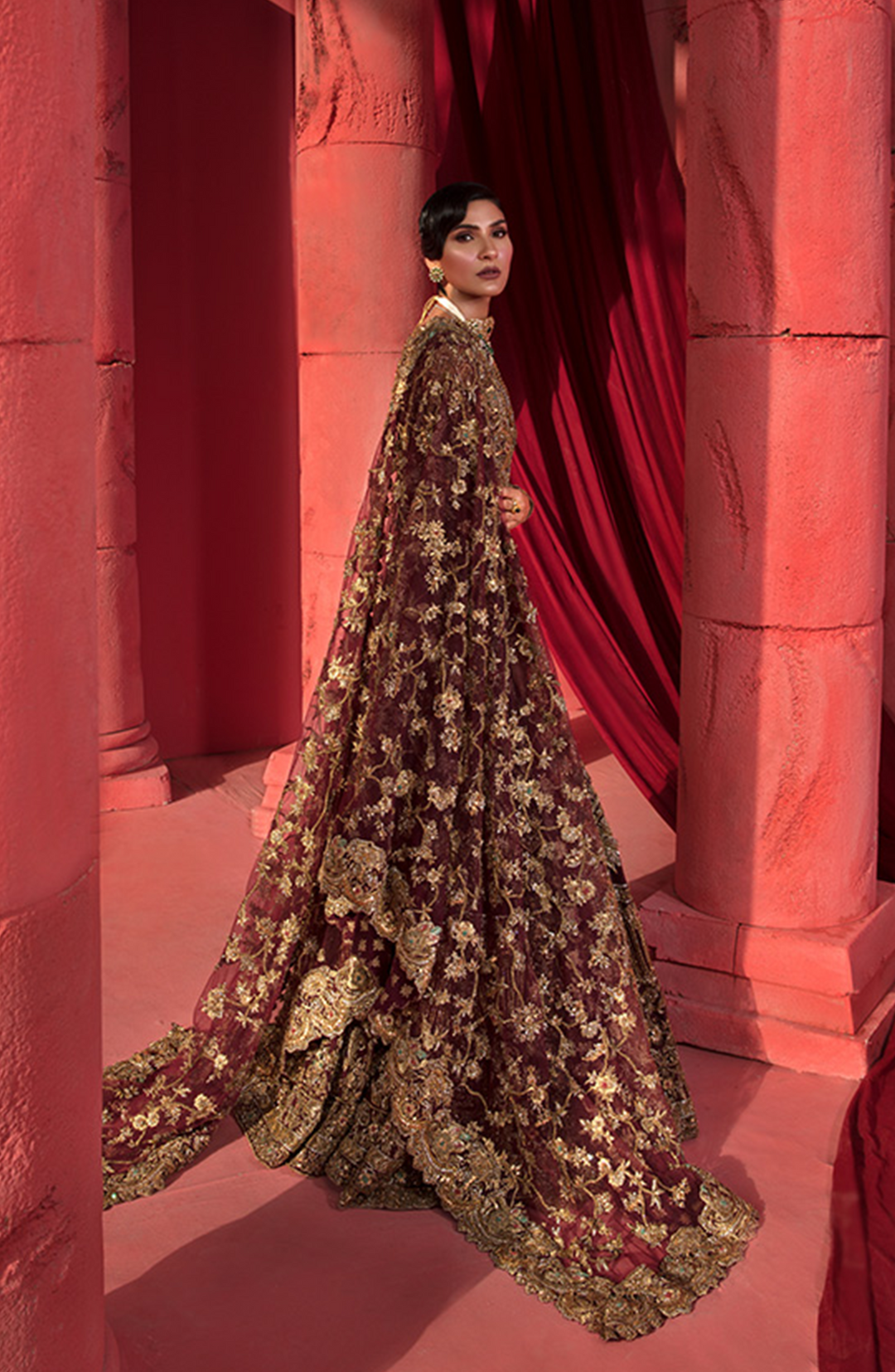 Elegant Maroon Bridal Lehenga with Gold Accents