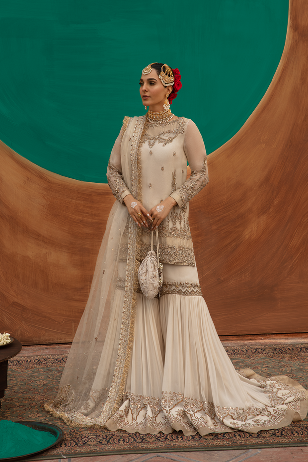 Pakistani Designer Bridal Dress in White Organza & Chiffon