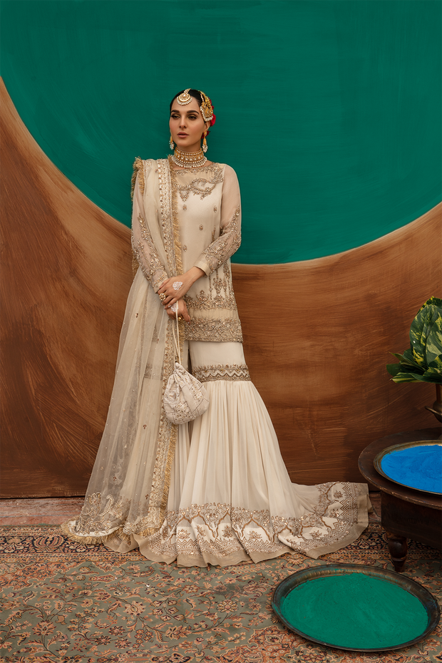 Pakistani Designer Bridal Dress in White Organza & Chiffon