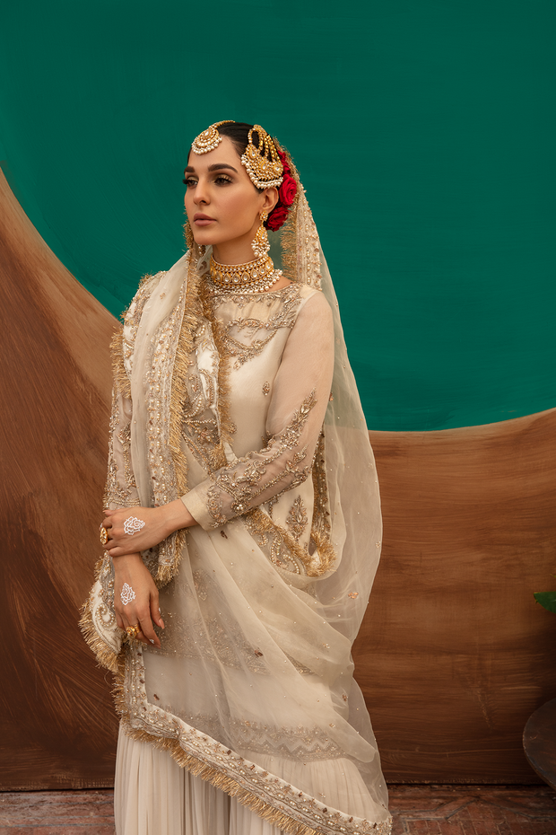 Pakistani Designer Bridal Dress in White Organza & Chiffon