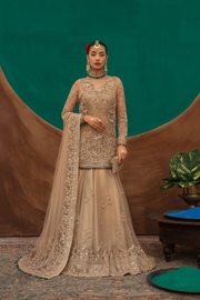 Pakistani Bridal Dress in Gold Net with Flared Lehnga