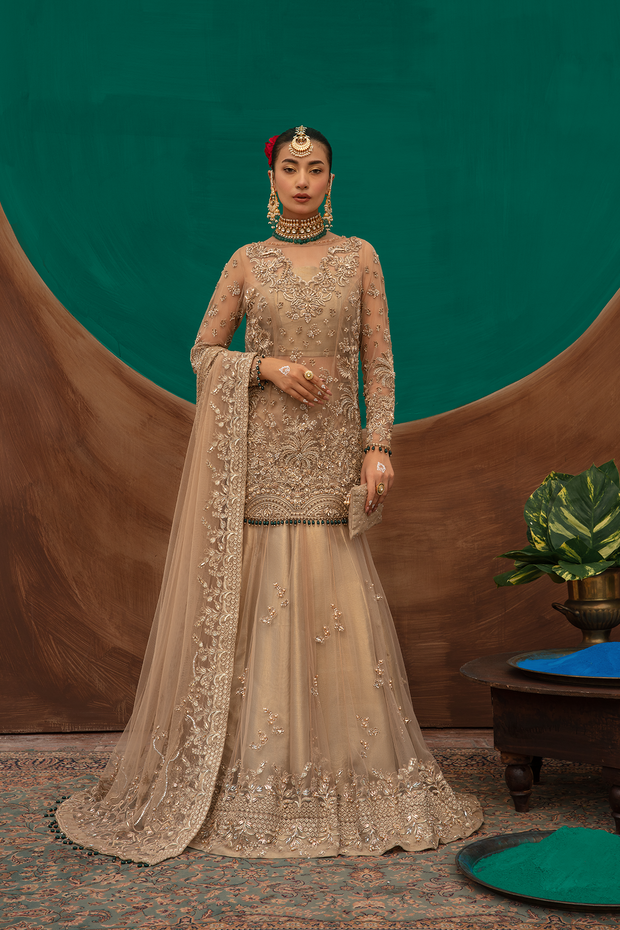 Pakistani Bridal Dress in Gold Net with Flared Lehnga